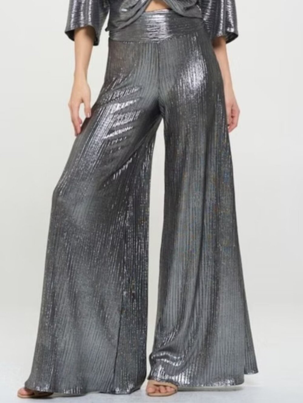 ReneeC Metallic Pleated Wide Leg Pants Size L NWT